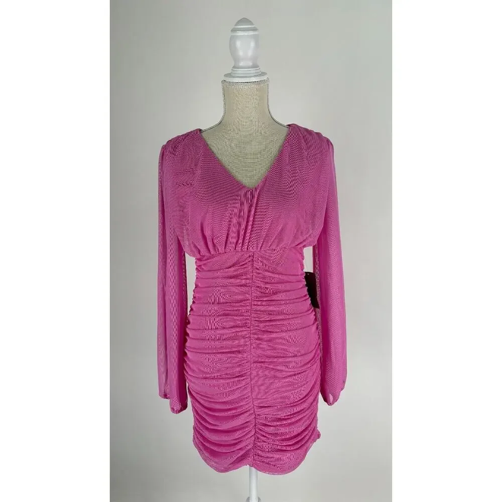 Love X Design Womens Super Pink Ruched Bodycon Dress Long Sleeve Size Medium NWT